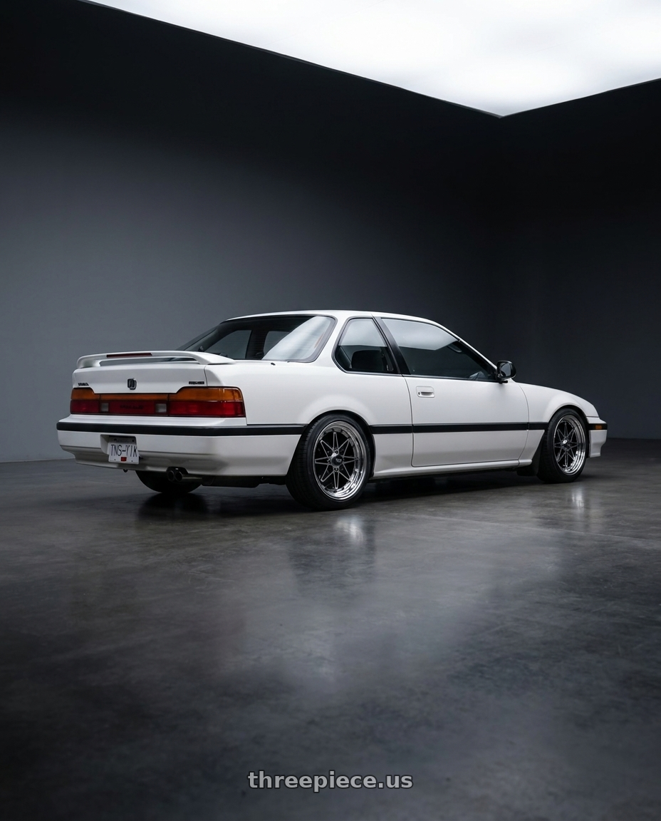 1991 honda prelude with EQUIP 03 Black Polish 4x100 15x7 +35 wheels rear three quarter view square tires