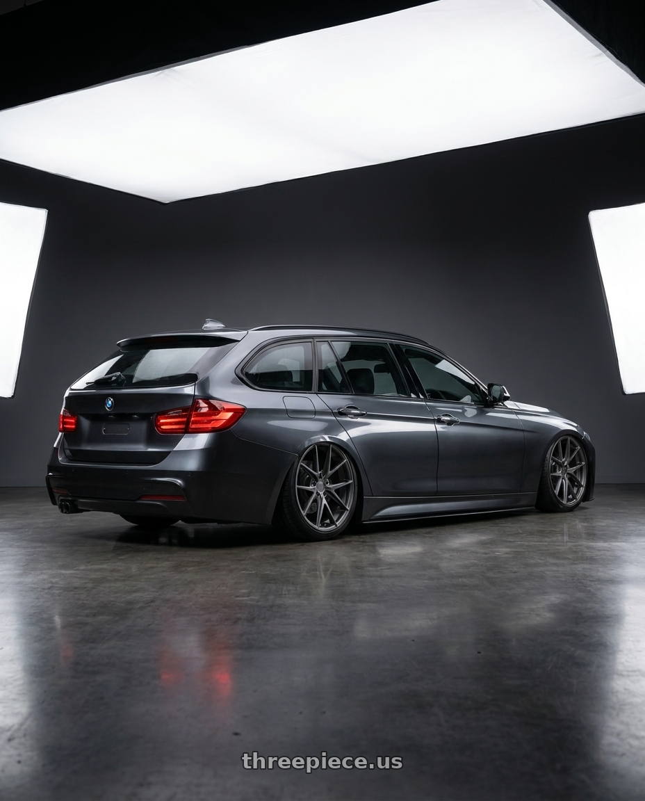 2016 BMW 3 Series F30 with Niche 1PC M116 MISANO 5X120 19X8.5 +35 MATTE GUN METAL wheels rear three quarter view slight stretch tires