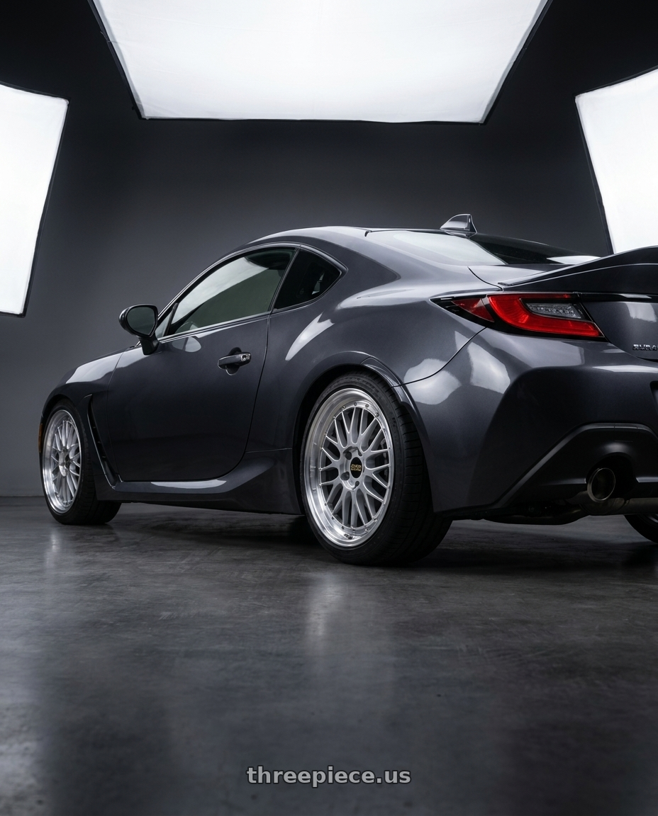 2023 Subaru BRZ premium Magnetite grey  with BBS LM 5x100 18x8.5 +45 Diamond Silver Center Diamond Cut Lip wheels rear three quarter view square tires