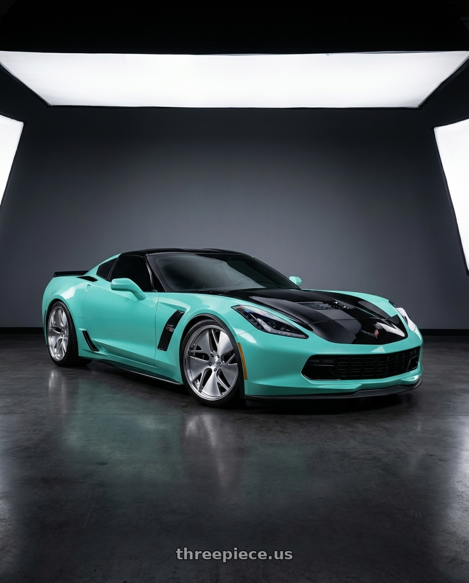 2017 Chevrolet Corvette Grandsport with Work Gnosis Cvd 5x120.65 20x10.5+45 A Disk Composite Buffed And Brushed wheels front three quarter view lowered stance