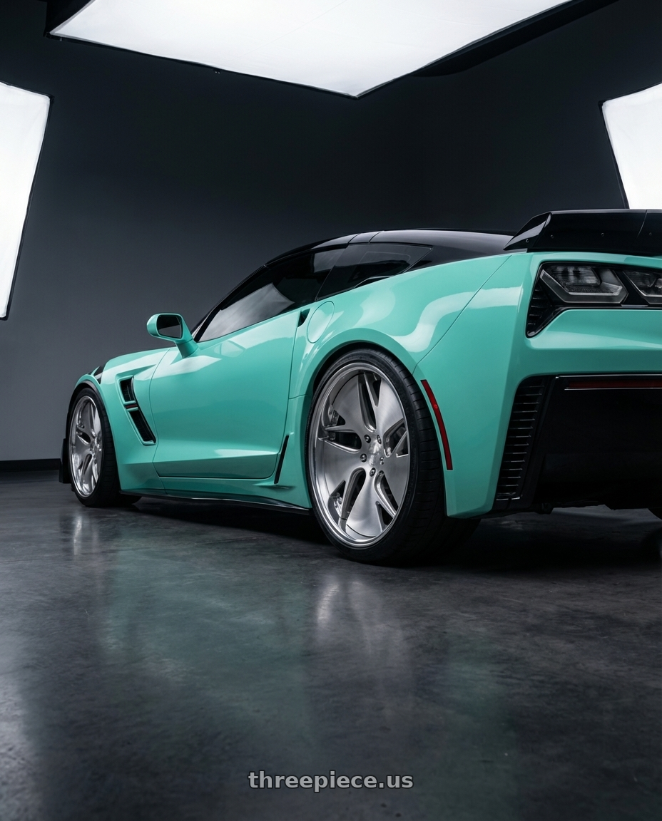 2017 Chevrolet Corvette Grandsport with Work Gnosis Cvd 5x120.65 20x10.5+45 A Disk Composite Buffed And Brushed wheels rear three quarter view slight stretch tires