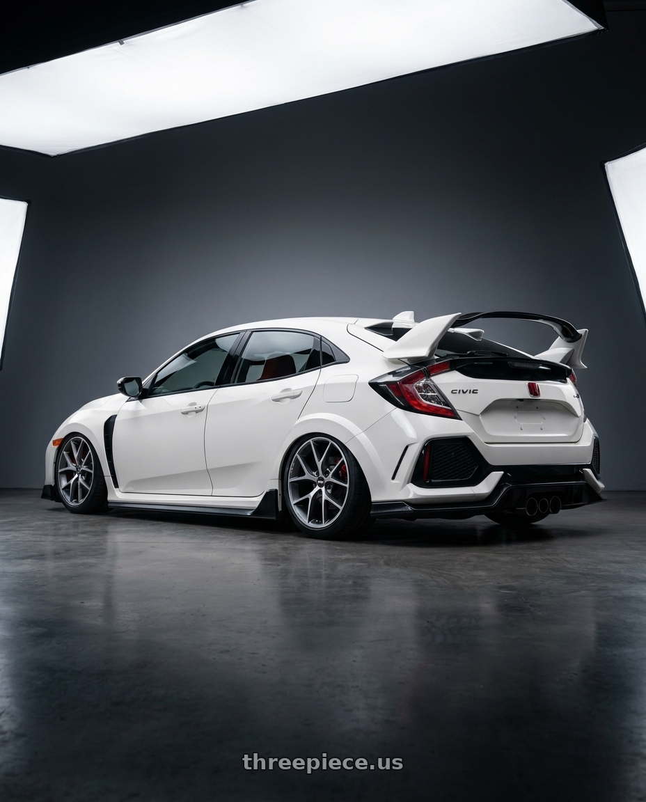 2018 Honda fk8 with BBS SR 5x112 17x7.5+35 Volcano Grey w/ Diamond Cut wheels rear three quarter view slight stretch tires