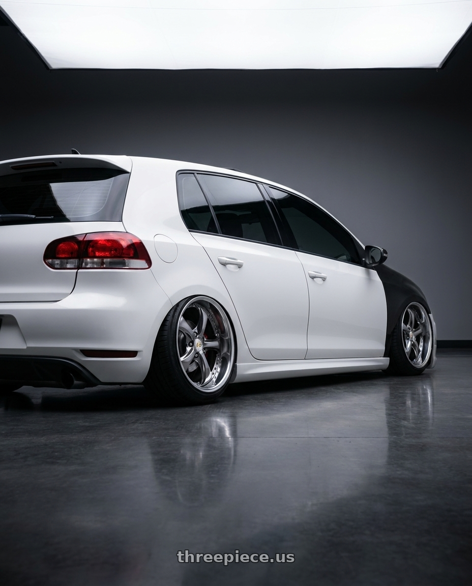 2013 Volkswagen Gti with Work Wheels VS-KF 5X114.3 19x7.5+34 Brilliant Silver Black A Disk FULL REVERSE wheels rear three quarter view slight stretch tires