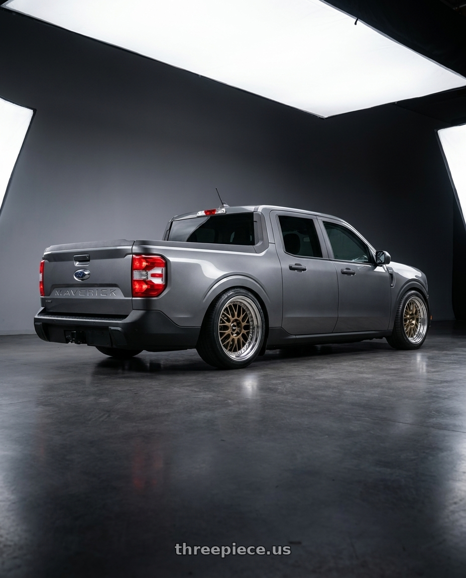 2026 ford maverick with Work Meister M1 3p 5x108 19x14-71 T Disk Titanium Gold wheels rear three quarter view slight stretch tires