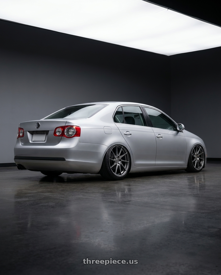 2009 Volkswagen Jetta GLI MK5 with Aodhan AH09 5x112 18x9.5 +35 Hyper Black wheels rear three quarter view slight stretch tires