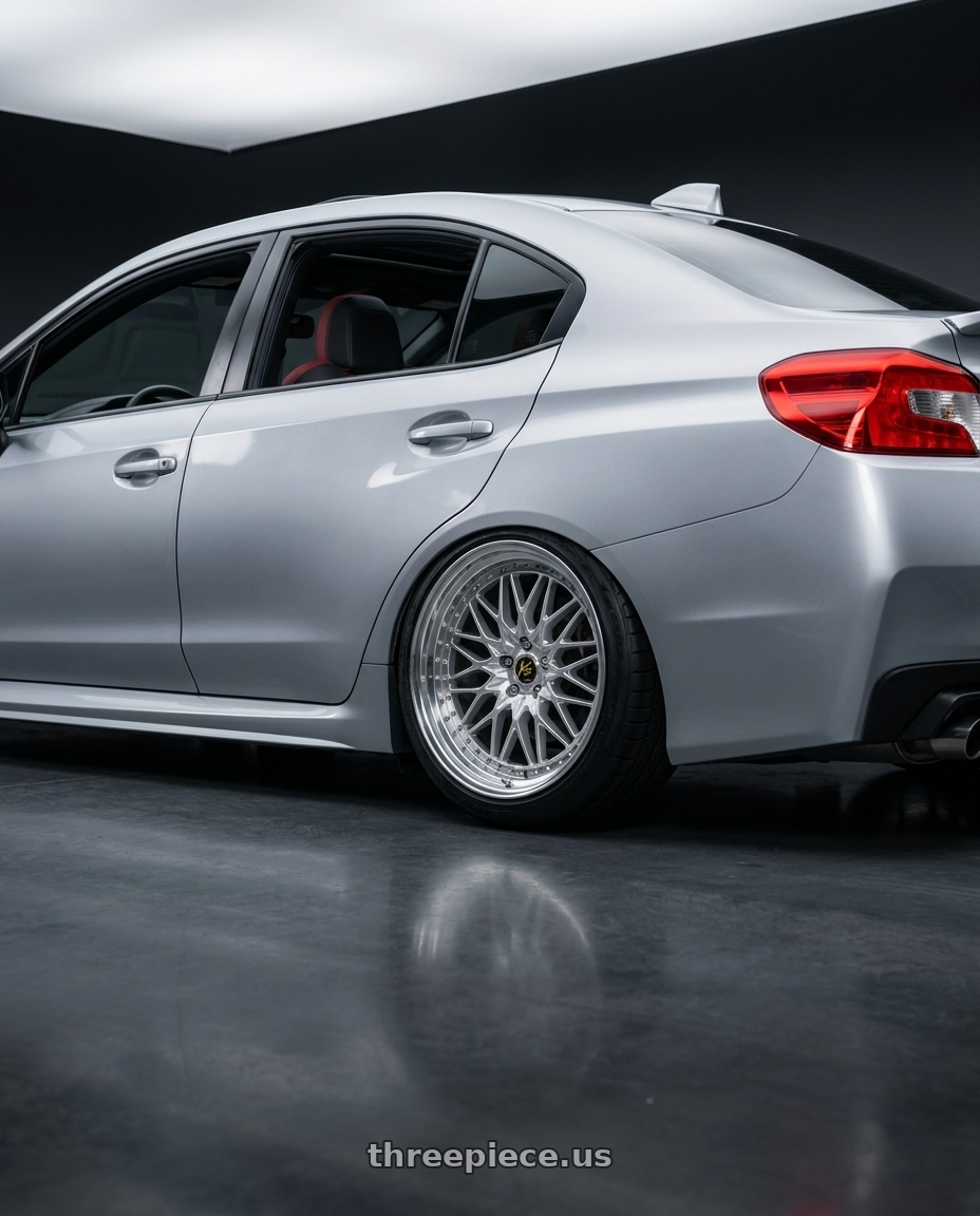 2017 Subaru wrx premium  with Work Vs-Xv 5x114.3 18x9.5+39 R Disk Silky Rich Silver wheels rear three quarter view meaty tires