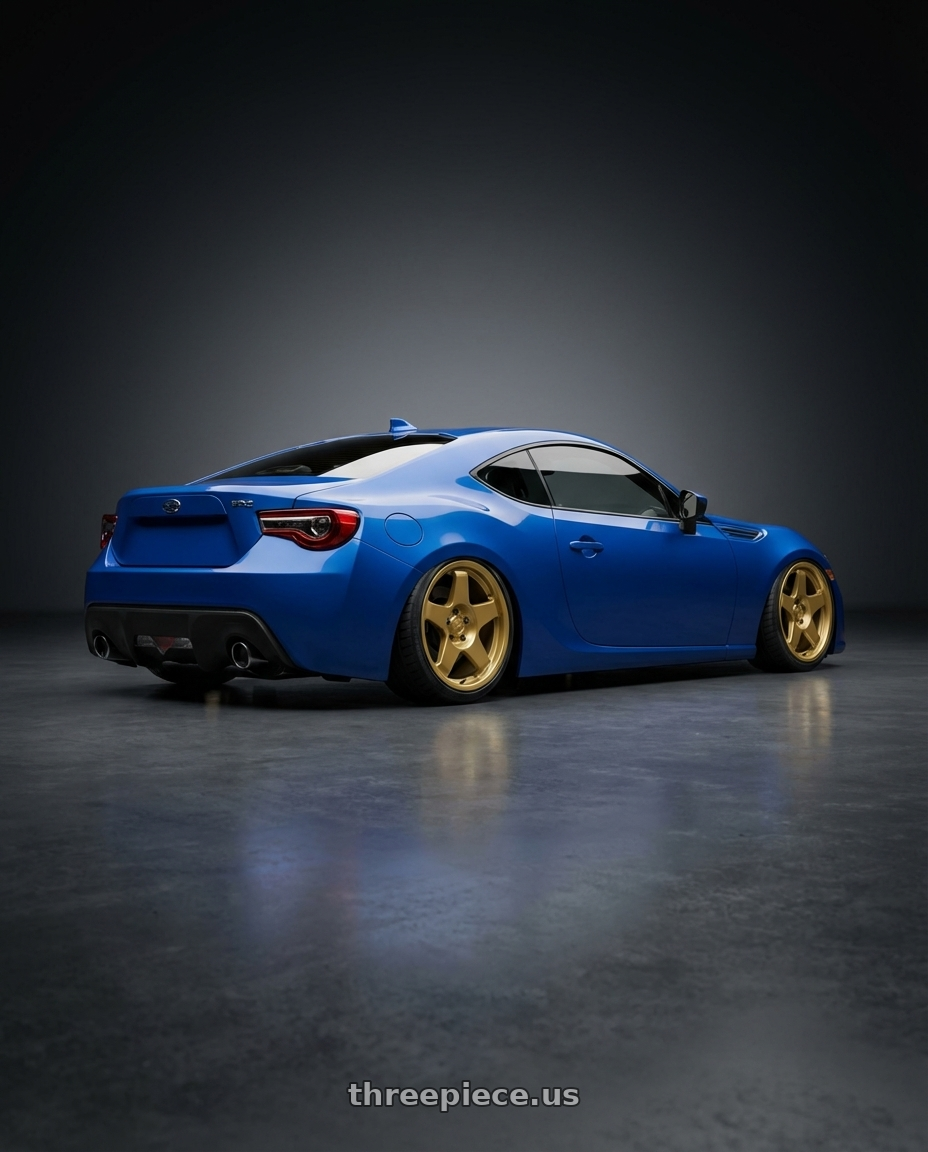 2017 Subaru BRZ with fifteen52 TARMAC EVO 5x100 / 5x114.3 18x8.5 +35 GOLD (GLOSS GOLD) wheels rear three quarter view slight stretch tires
