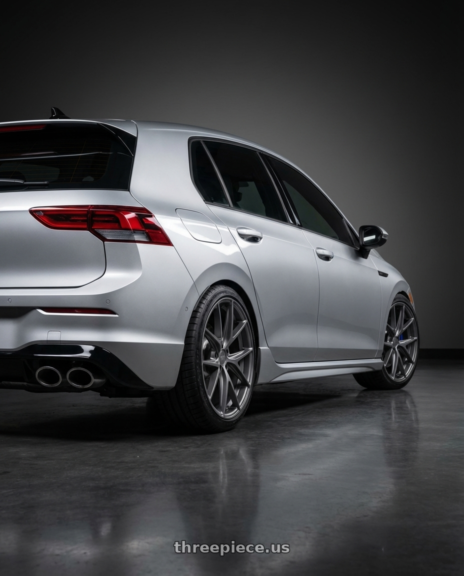 2024 Volkswagen Golf R MK8 with Niche 1PC M116 MISANO 5X112 19X8.5 +42 MATTE GUN METAL wheels rear three quarter view square tires