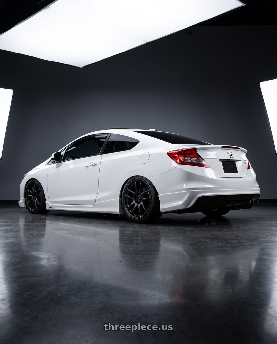 2012 Honda Civic Si Coupe with Work Emotion Cr Kiwami 4x100 15x5 +45 Matte Black wheels rear three quarter view slight stretch tires
