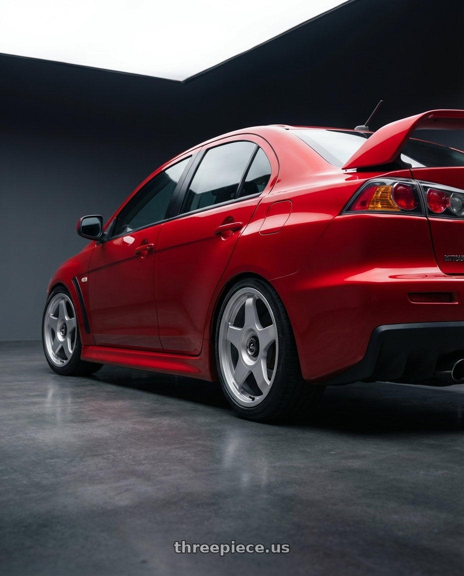 2012 Mitsubishi Lancer Evo X with fifteen52 CHICANE 5x114.3 / 5x100 18x8.5 +35 SPEED SILVER (GLOSS SILVER) wheels rear three quarter view square tires