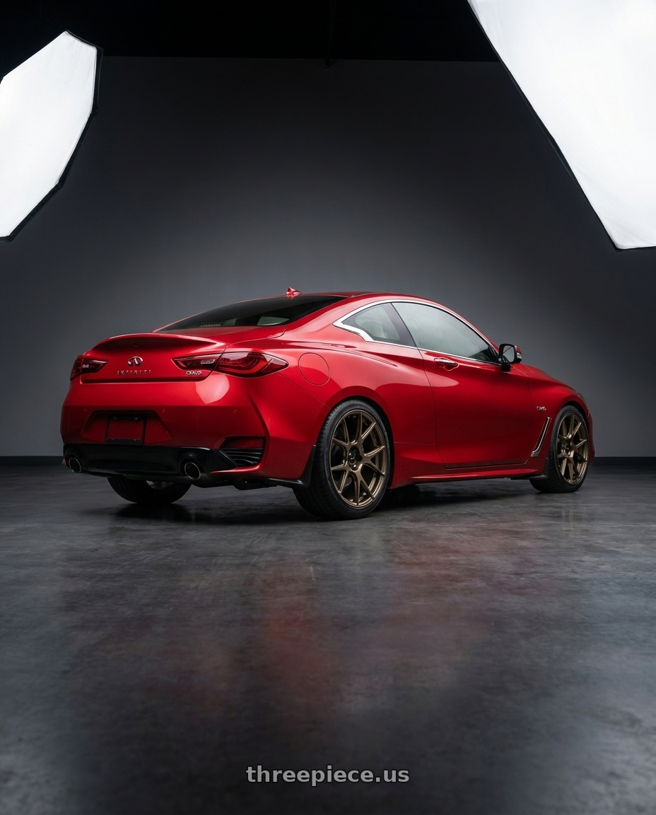2017 Infiniti Q60S with Konig Ampliform 5x120 18x9.5+35 Gloss Bronze wheels rear three quarter view square tires
