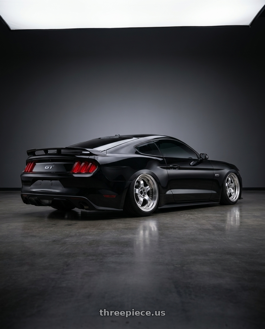 2017 Ford Mustang GT , BLACK with Work Meister S1 3P wheels rear three quarter view slight stretch tires
