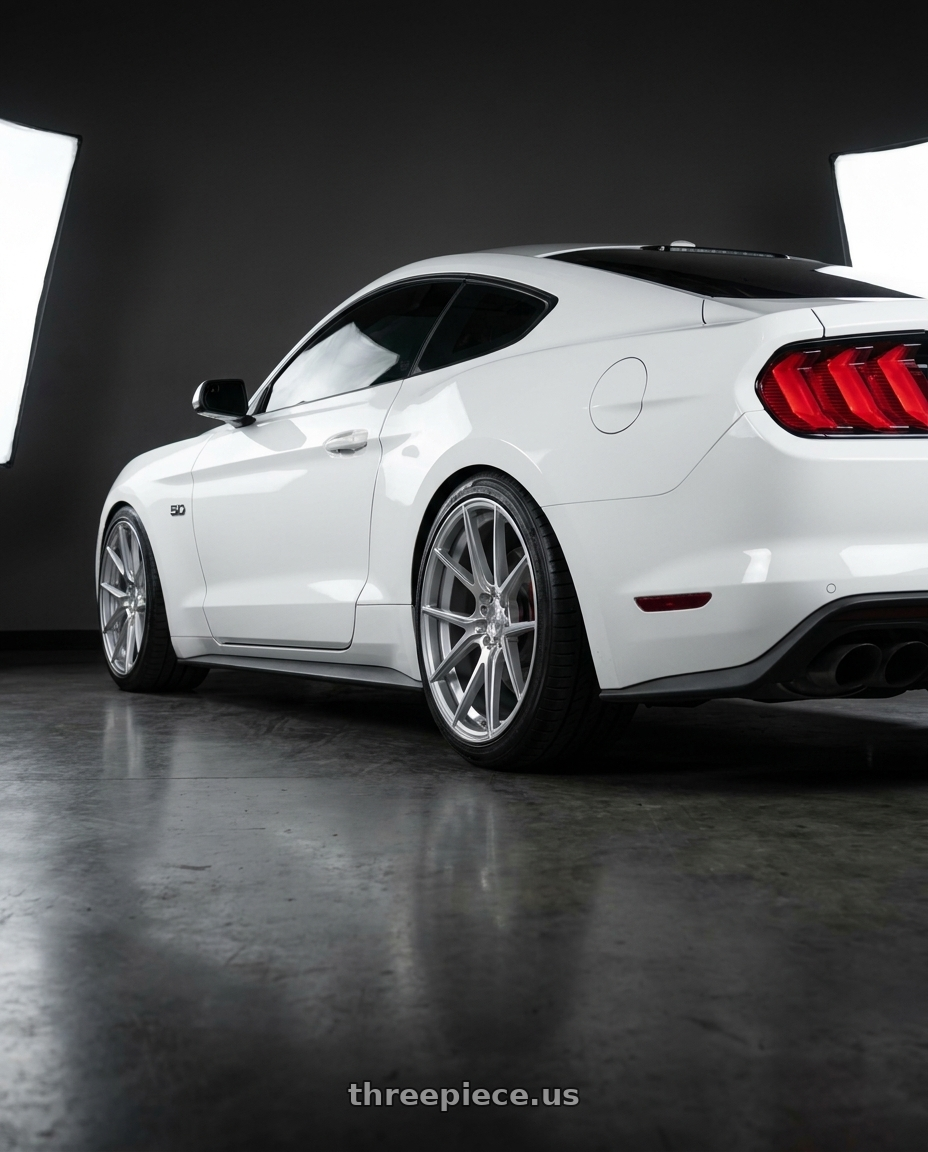 2019 mustang gt with Aodhan AFF3 5x114.3 20x9+32 Gloss Silver Machined Face wheels rear three quarter view square tires
