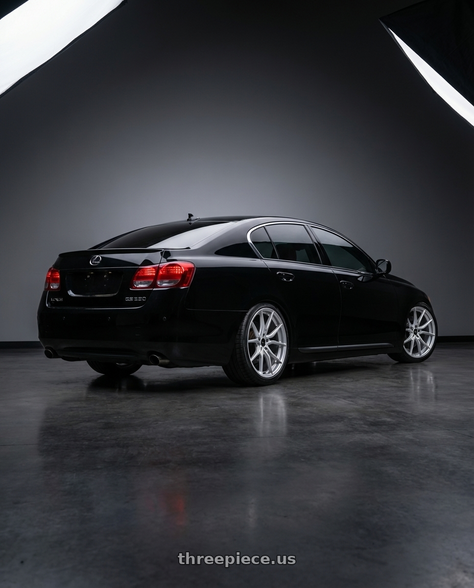 2008 black Lexus gs350 with Advanti Racing 80S Hybris 5X115 17x7.5 +36 Silver with Machined Face wheels rear three quarter view slight stretch tires