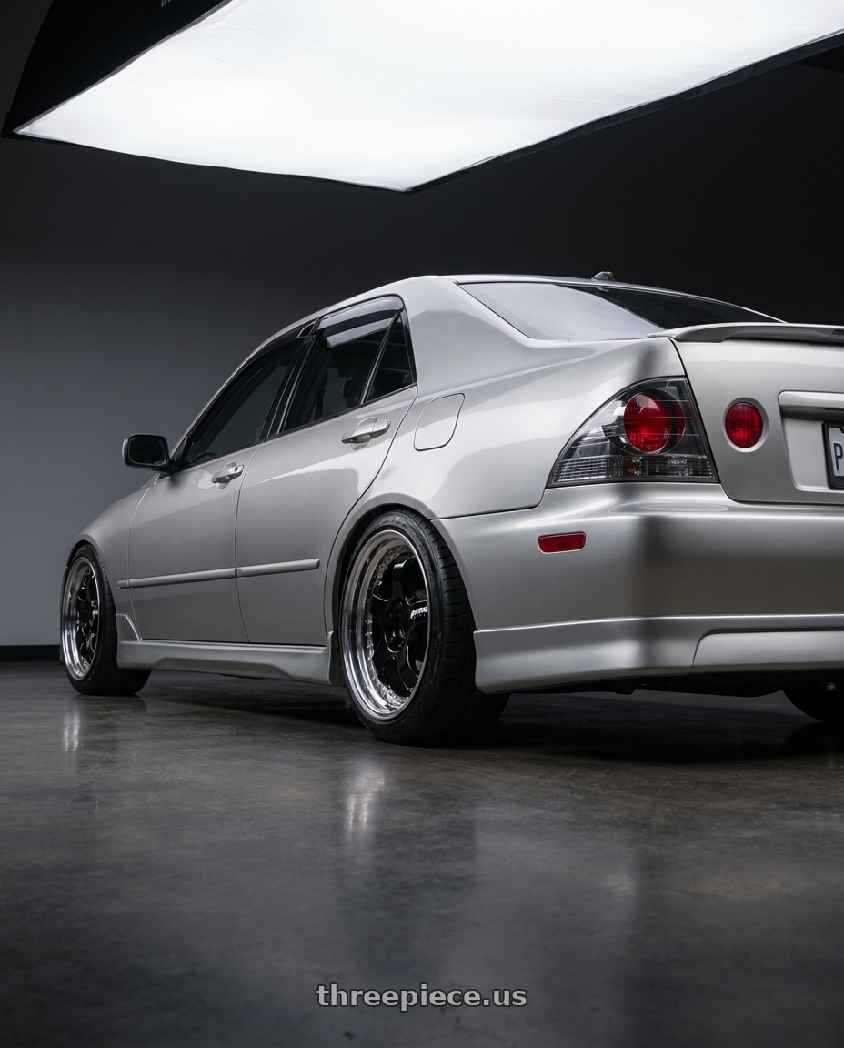 2003 Lexus is300 with Work Meister S1 3P 5x100 18x9.5+29 A Disk Black wheels rear three quarter view slight stretch tires