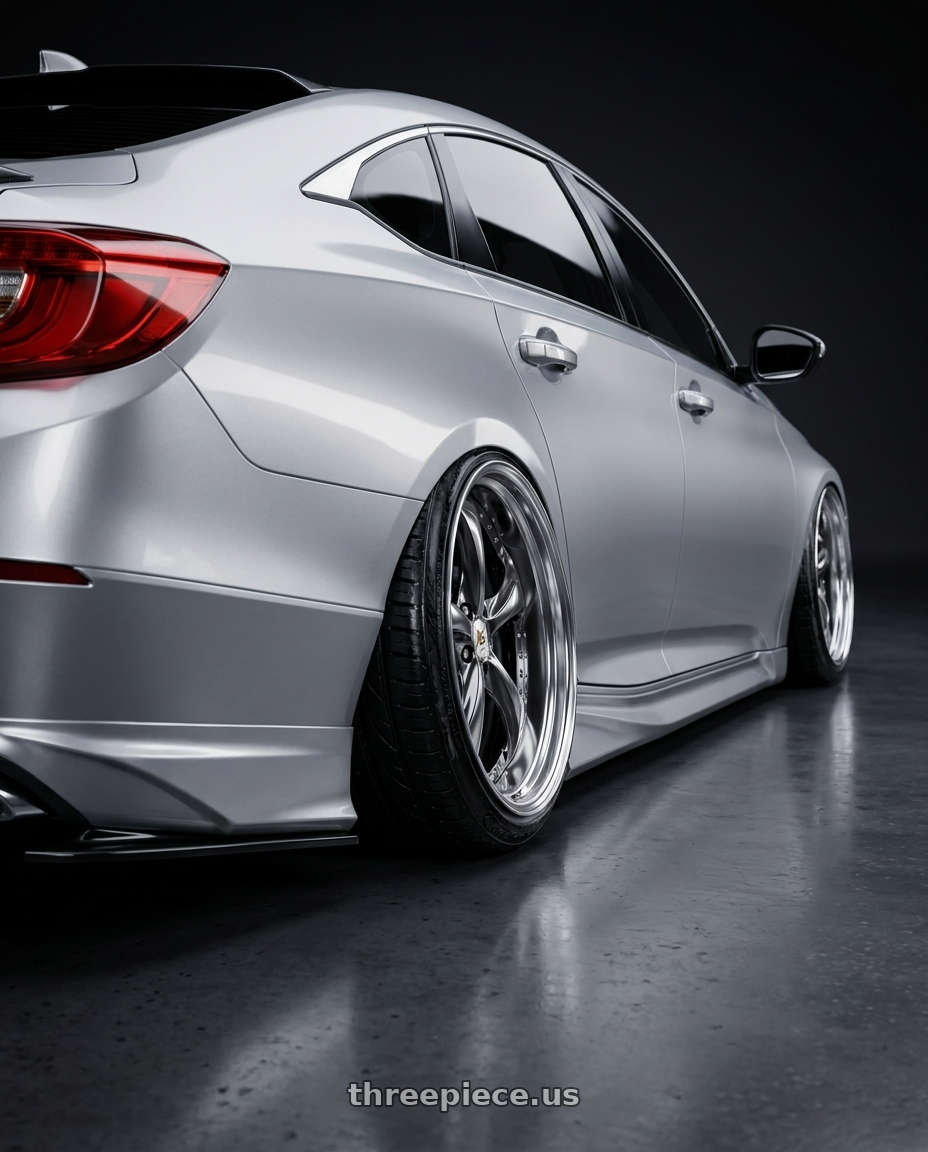 2020 Honda Accord with Work Wheels VS-KF 5X114.3 19x8.5+40 Brilliant Silver Black O Disk FULL REVERSE wheels rear three quarter view extreme stretch tires
