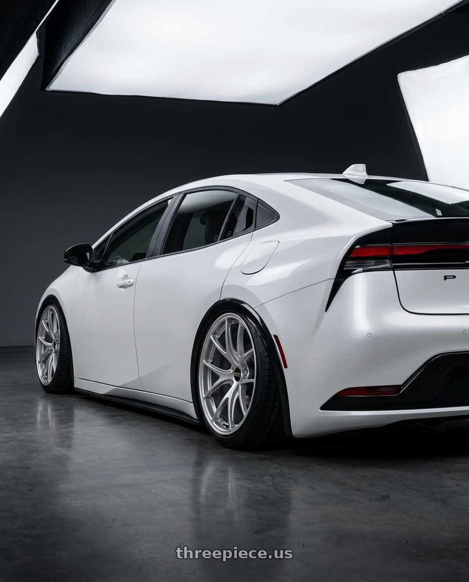 2025 Toyota Prius PHEV 鉑鑽白 with BBS RI-A 5x114.3 18x10.5 +18 Diamond Silver wheels rear three quarter view slight stretch tires