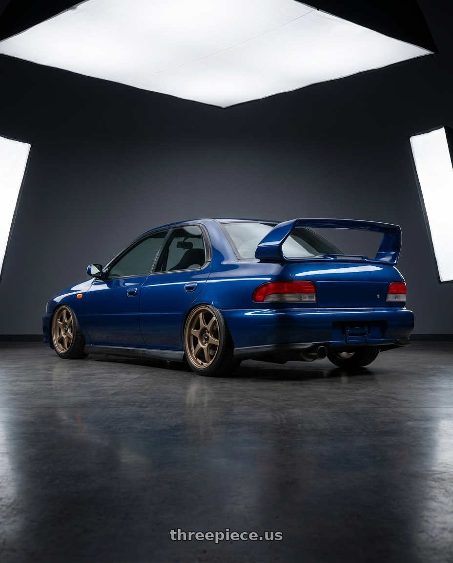 1998 Subaru impreza gc8 with Konig Hexaform 5x100 18x8.5+40 Matte Bronze wheels rear three quarter view slight stretch tires