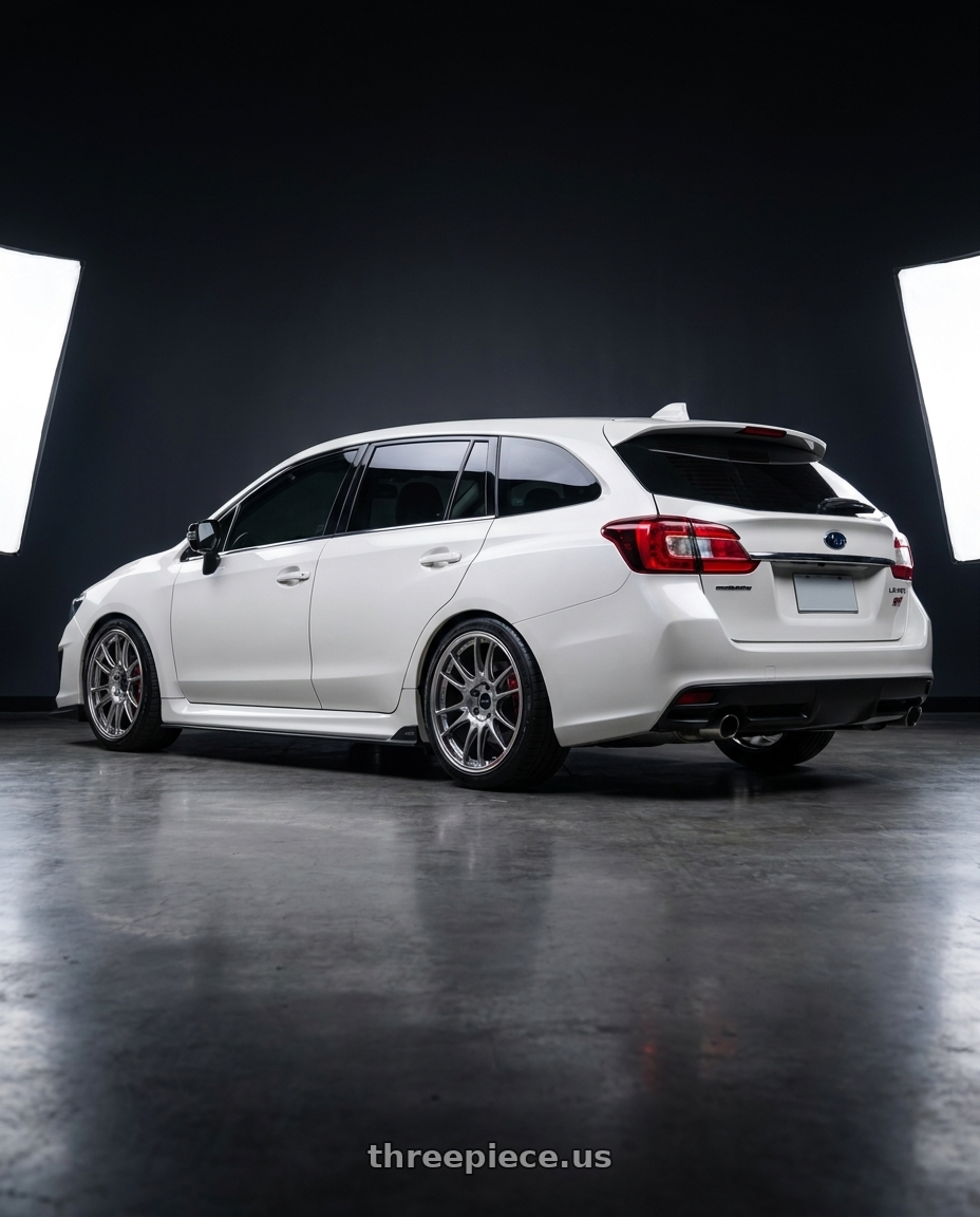 2020 subaru levorg  GTS STI type white with Enkei GTC02 5x120 18x8.5+35 Hyper Silver wheels rear three quarter view slight stretch tires