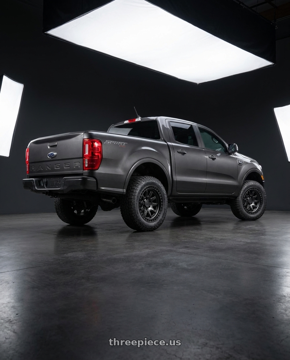 2021 Ford Ranger XL with Black Rhino CALICO 6X139.7 17X8.5 -10 MATTE BLACK wheels rear three quarter view square tires