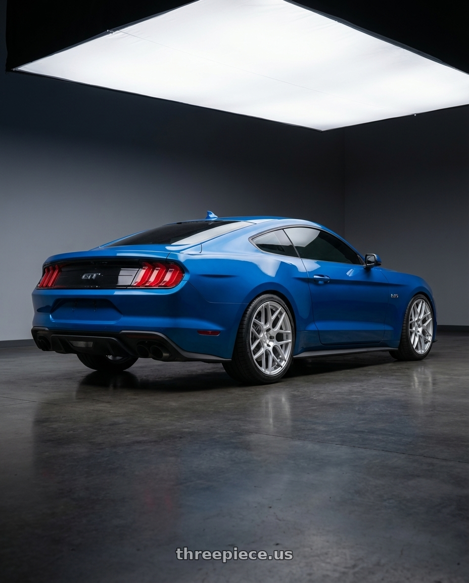 2022 Ford Mustang GT with Aodhan AFF2 5x114.3 19x8.5+35 Gloss Silver Machined Face wheels rear three quarter view square tires