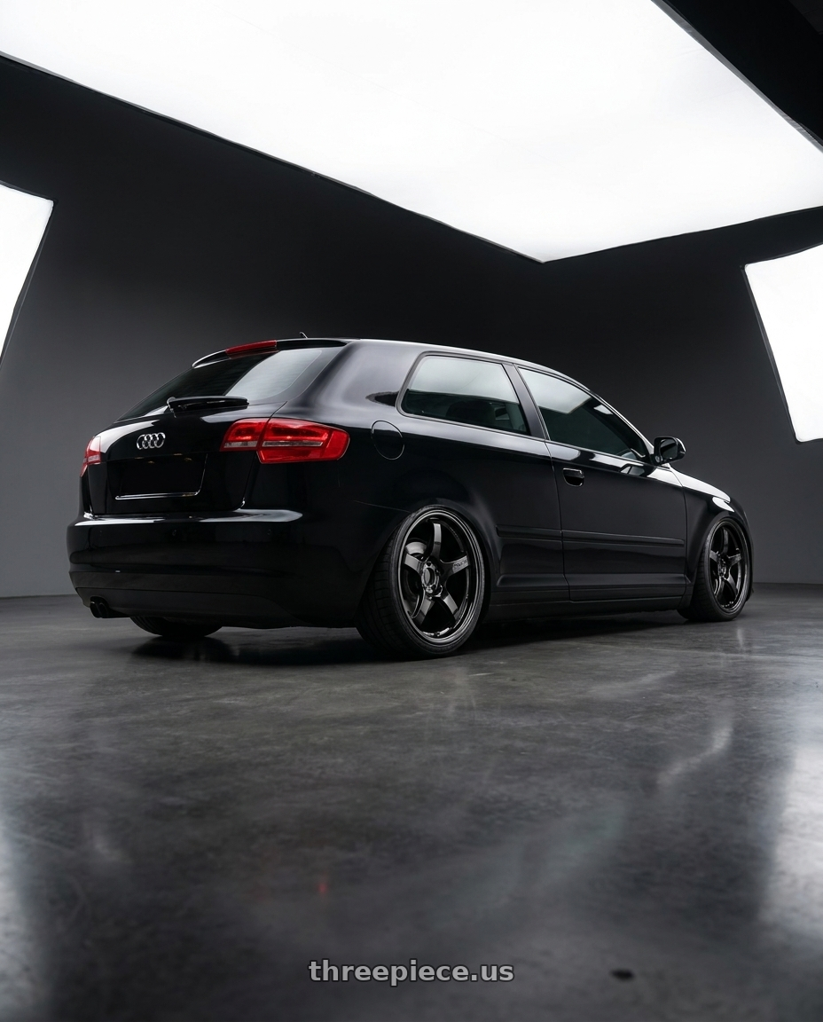 2012 Audi A3 8P with Gram Lights 57CR 5x112 19x8.5+45 Glossy Black wheels rear three quarter view slight stretch tires