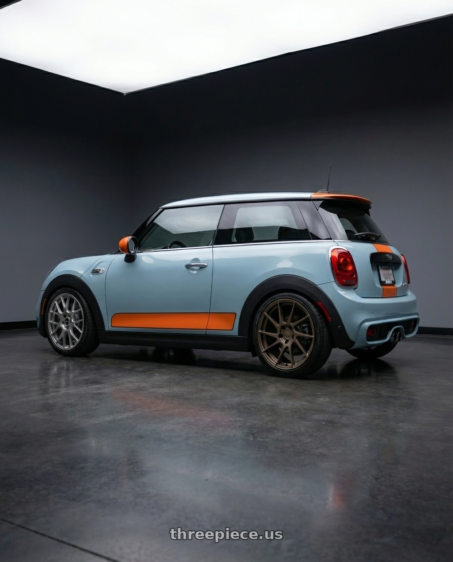 2018 mini cooper s  with Aodhan AH09 5x112 18x8.5 +35 Matte Bronze wheels rear three quarter view square tires