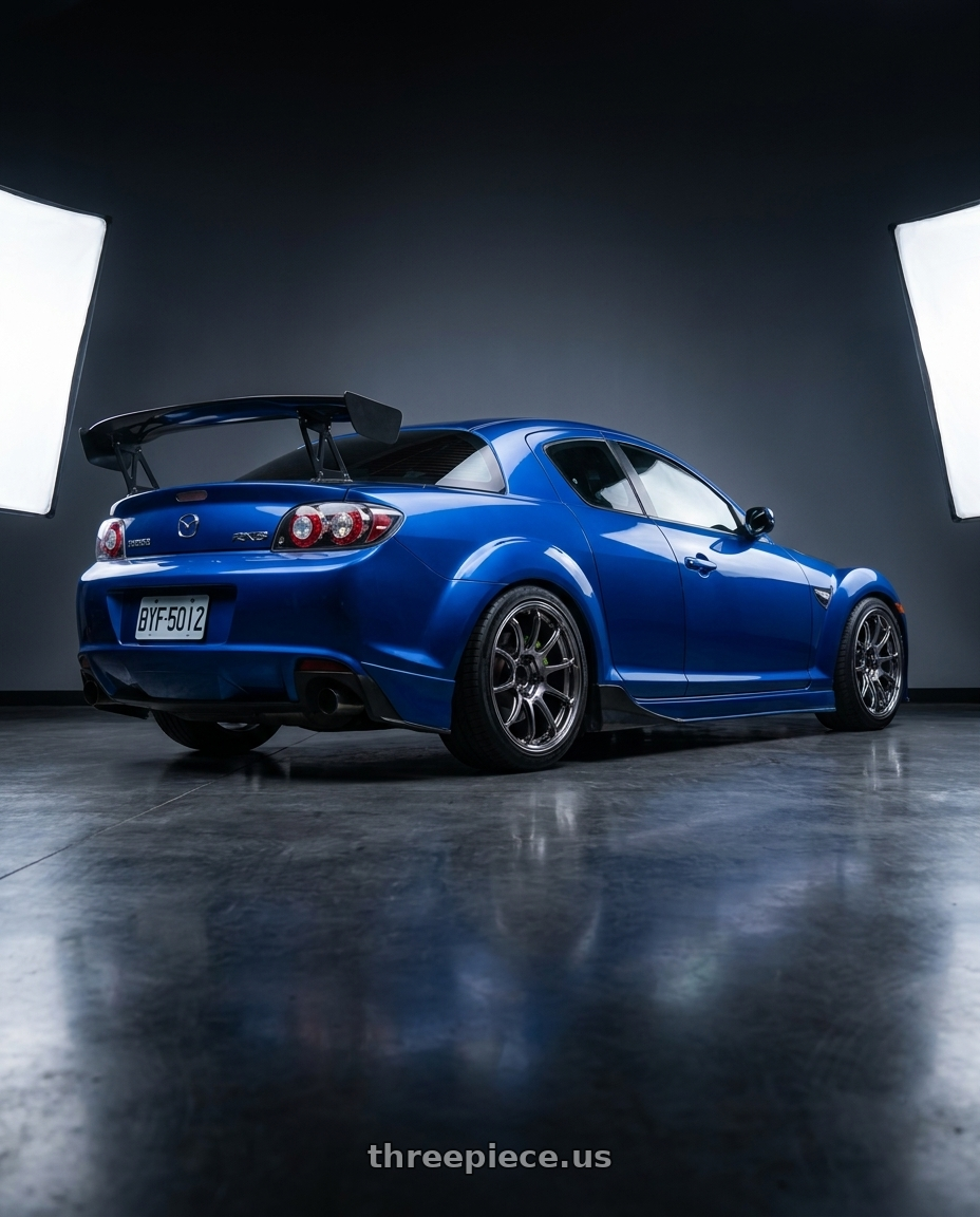 2010 Mazda RX8 with Advan Racing RZ-F2 5x112 18x8.0 +42 HYPER PLATINUM BLACK wheels rear three quarter view square tires