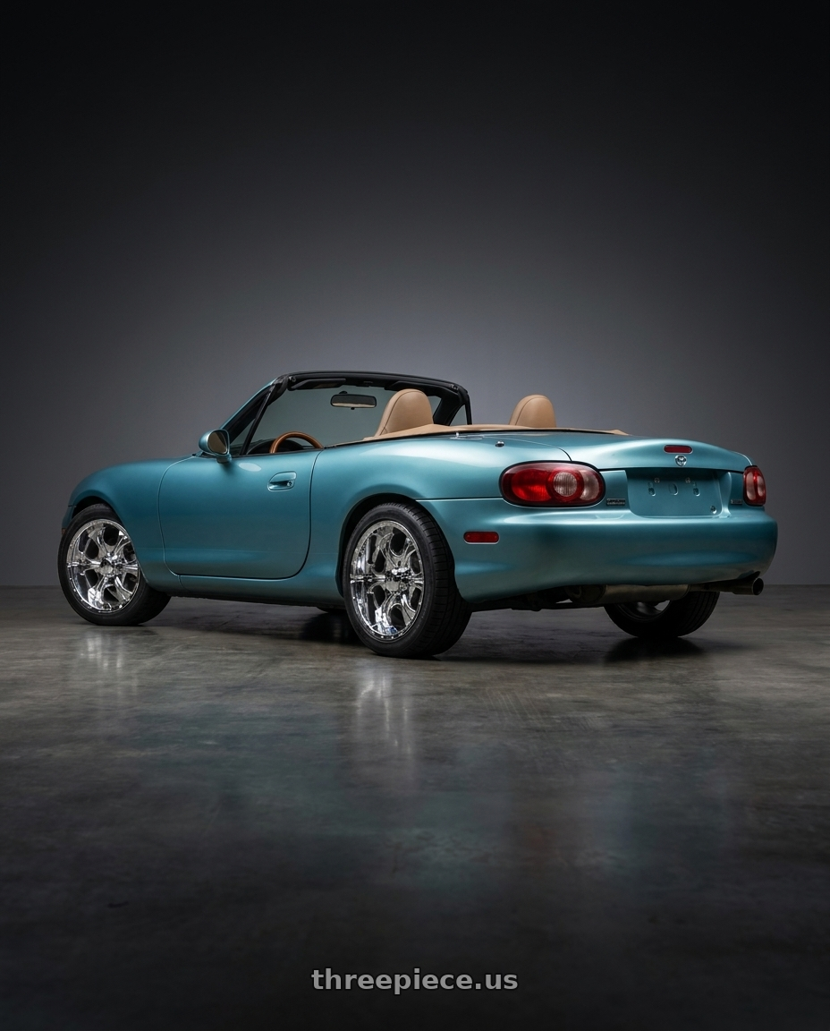 2002 Mazda Miata with Helo HE791 MAXX 6X139.7 16X10 -25 CHROME wheels rear three quarter view square tires