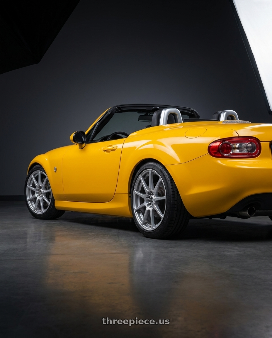 2013 Mazda MX-5 NC Miata with Enkei EDR9 4x100/114.3 17x7+38 Silver wheels rear three quarter view square tires