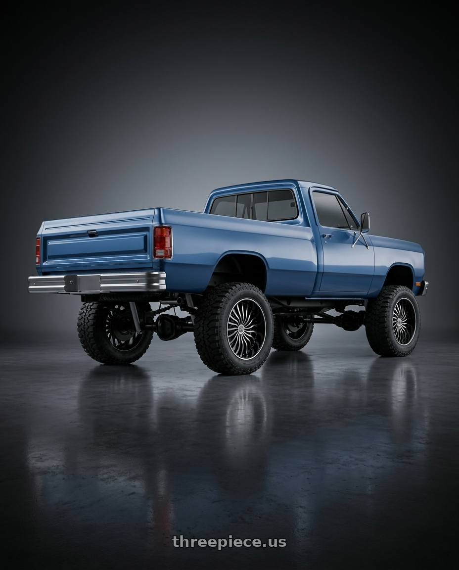 1986 Dodge w250 with ELURE 33 5X108/5X114.3 22x8 +35 BLACK MACHINED wheels rear three quarter view square tires