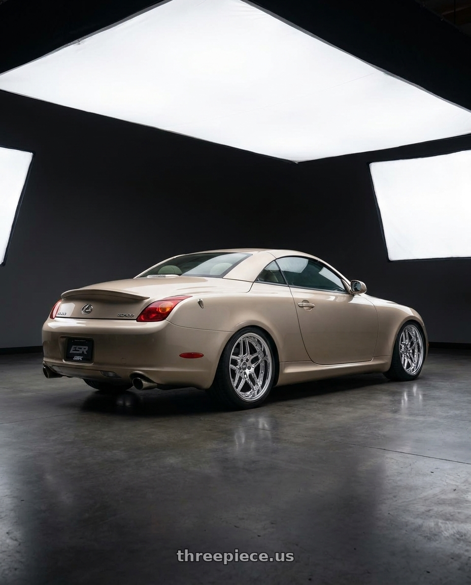 2003 Lexus SC430 Egyptian Sand with ESR Wheels CS15.2 5x114.3 19x9.5 +35 Vacuum Chrome wheels rear three quarter view square tires