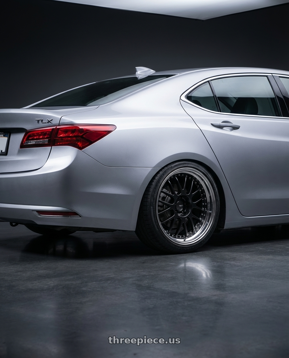 2019 Acura TLX with SSR Professor MS1 5x114.3 19x7.5+25 HP Disk Black wheels rear three quarter view square tires