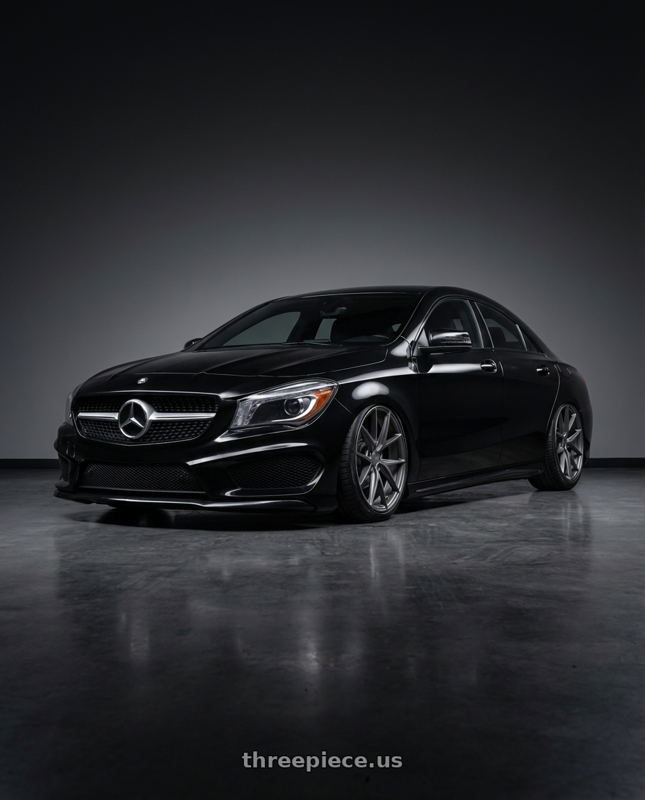 2018 Mercedes-Benz CLA C117 with Niche 1PC M116 MISANO 5X112 19X8.5 +25 MATTE GUN METAL wheels front three quarter view stanced stance