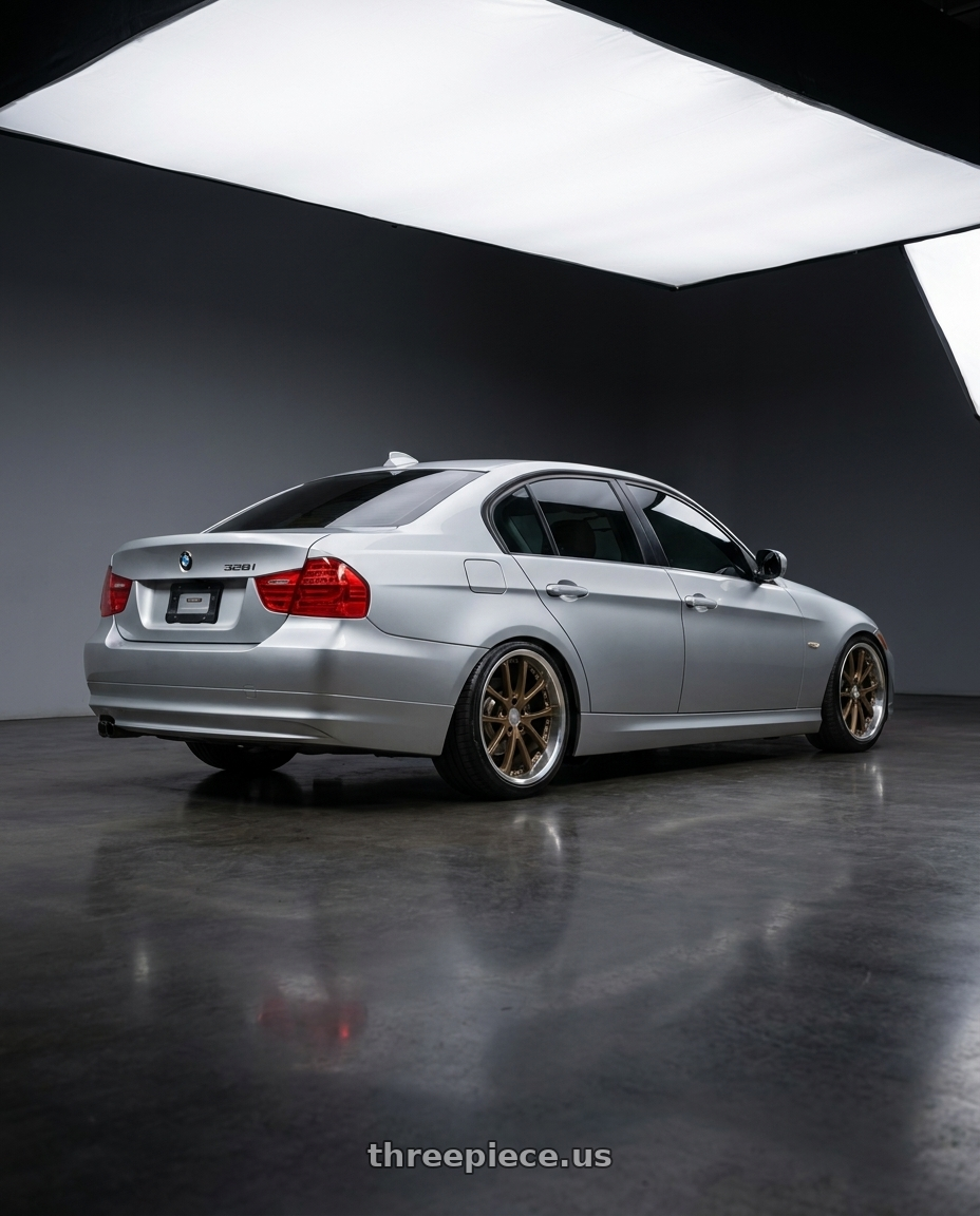 Bmw 328i 2011 with Vors AR5 5x120 19x9.5 +35 Bronze wheels rear three quarter view slight stretch tires