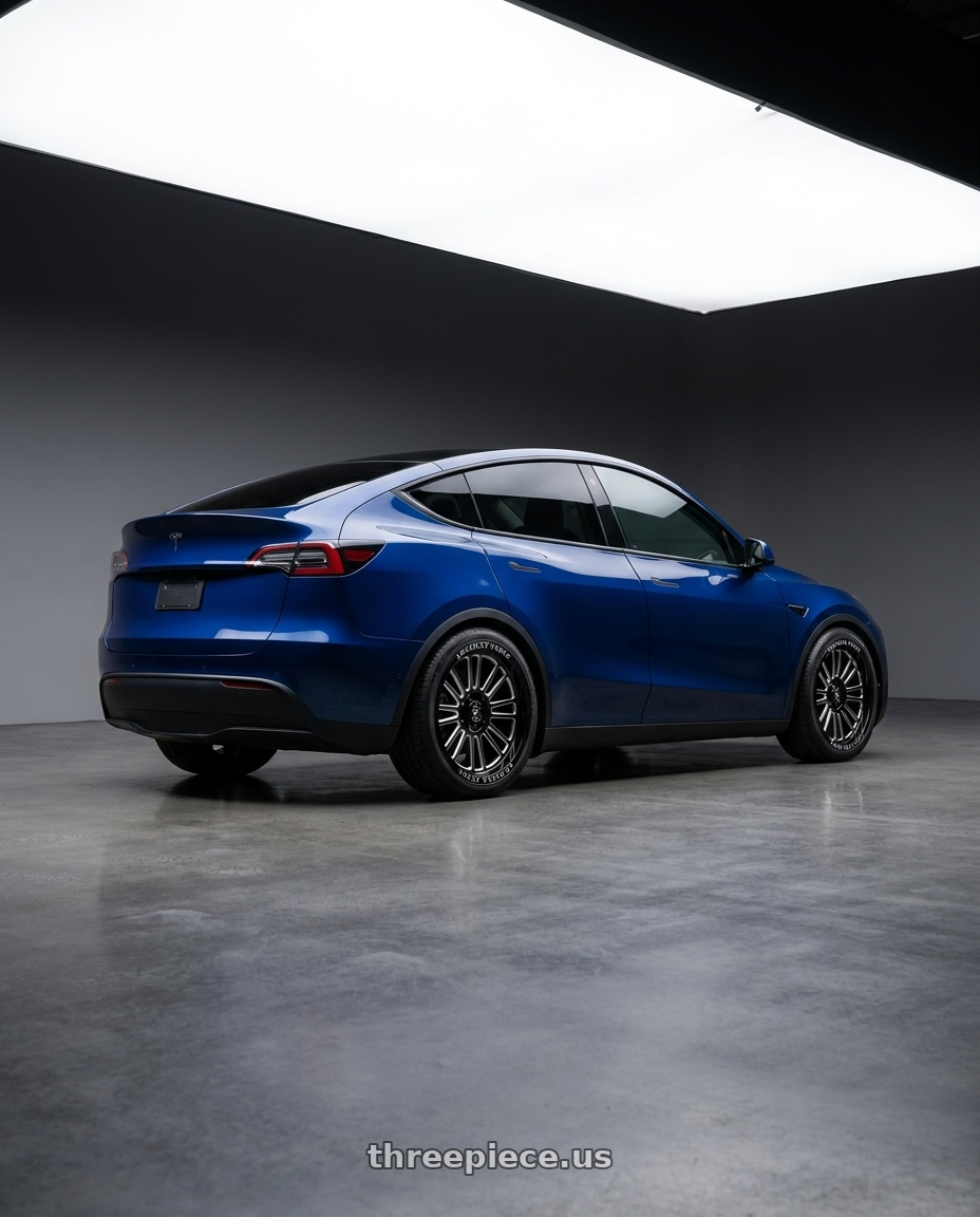 Tesla Y 2026 with American Force AC003 Weapon 6X139.7 22X10 -18 GLOSS BLACK MILLED wheels rear three quarter view square tires