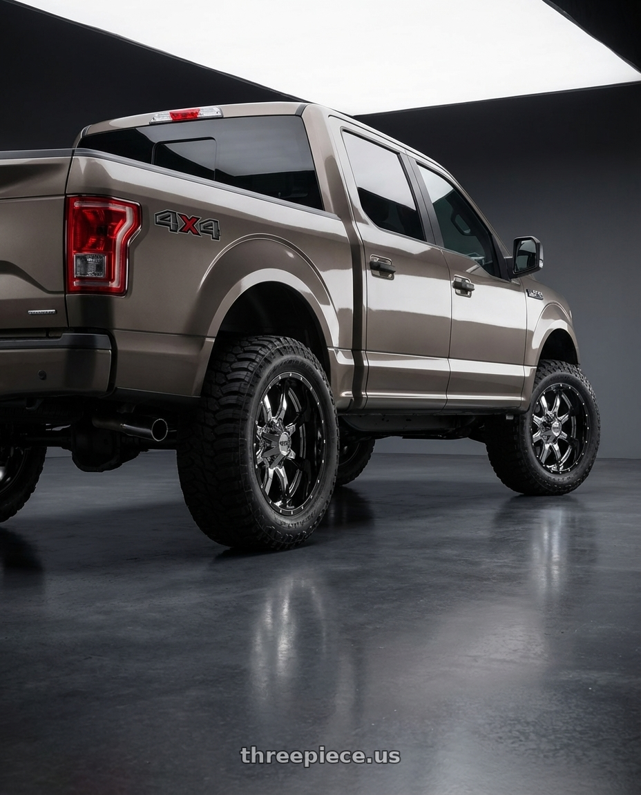 2019 Ford F-150 with Moto Metal MO201 6X135/6X139.7 20X12 -44 CHROME CENTER GLOSS BLACK MILLED LIP wheels rear three quarter view meaty tires