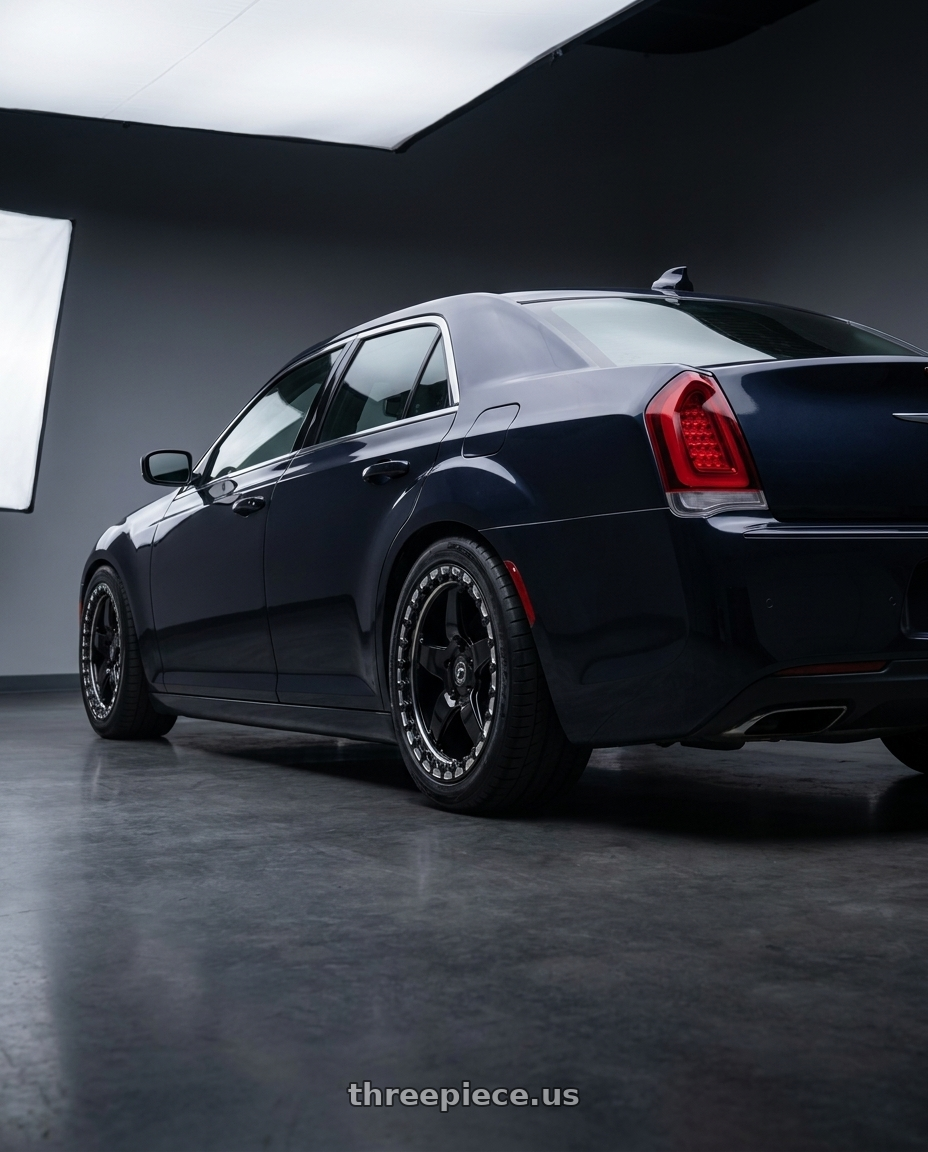 2021 Chrysler 300C with Forgestar D5 Beadlock 5x115 18x11 +12 Gloss Black Machined wheels rear three quarter view square tires