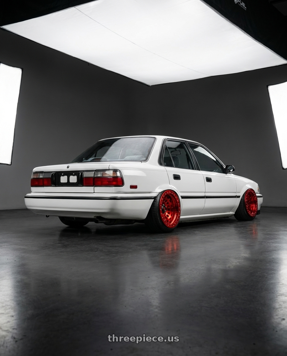 1990 Toyota corolla with Fuel 1PC D100 ZEPHYR BEADLOCK 6X139.7 17X9 -15 CANDY RED wheels rear three quarter view slight stretch tires
