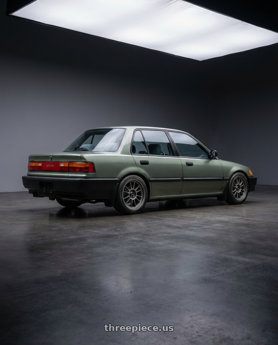 1988 Honda Civic Sage Green with Konig Hypergram 4x100 16x8+38 Matte Grey wheels rear three quarter view square tires