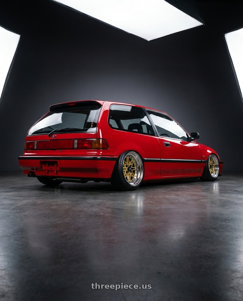 1991 HONDA CIVIC with EQUIP 03 GOLD 15x9 -16MM wheels rear three quarter view square tires