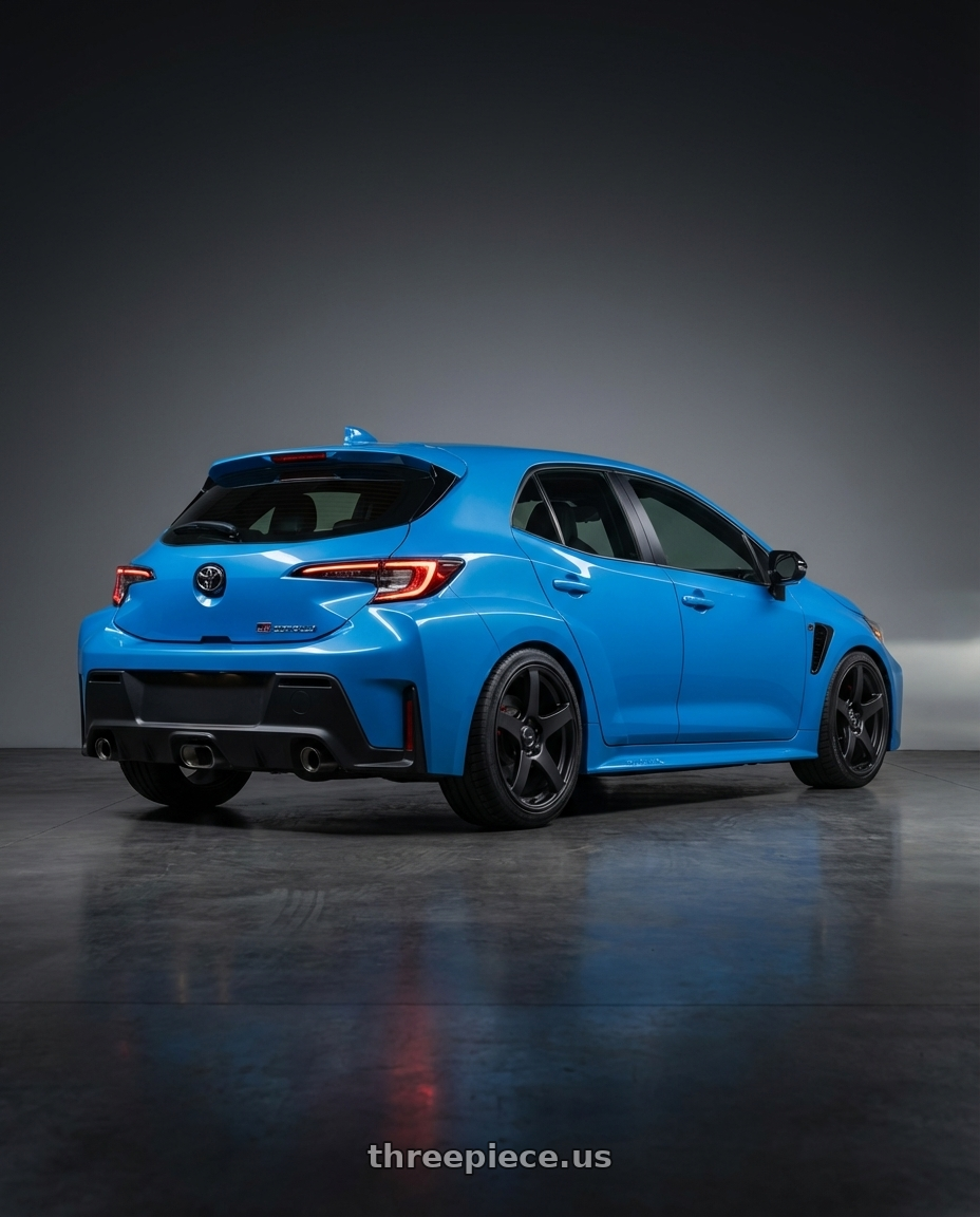 2024 Toyota GR Corolla with Ssr Gtv01 5x114.3 18x8.5+40  FLAT BLACK wheels rear three quarter view square tires