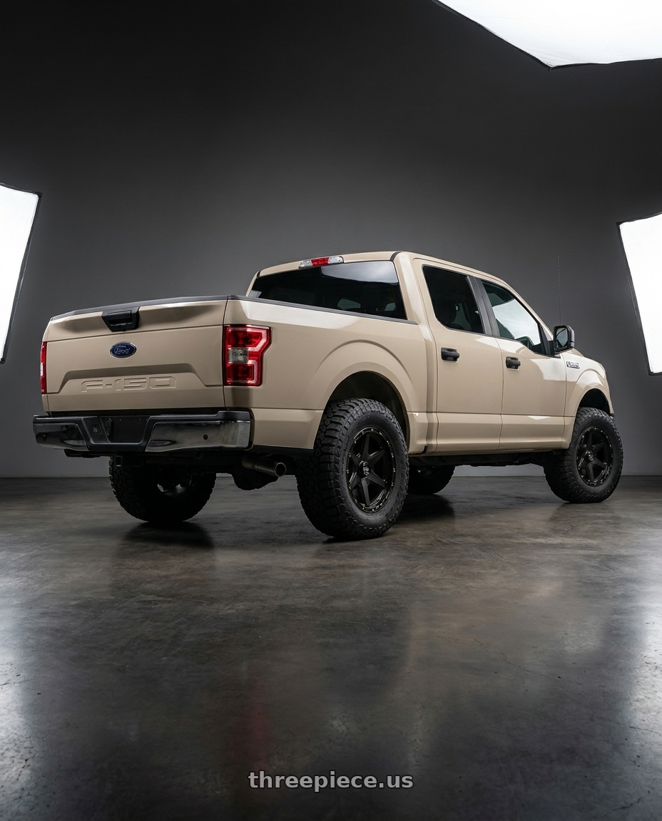 2019 Ford F-150 with KMC KM101 TEMPO 6X135/6X139.7 20X9 +18 SATIN BLACK wheels rear three quarter view meaty tires