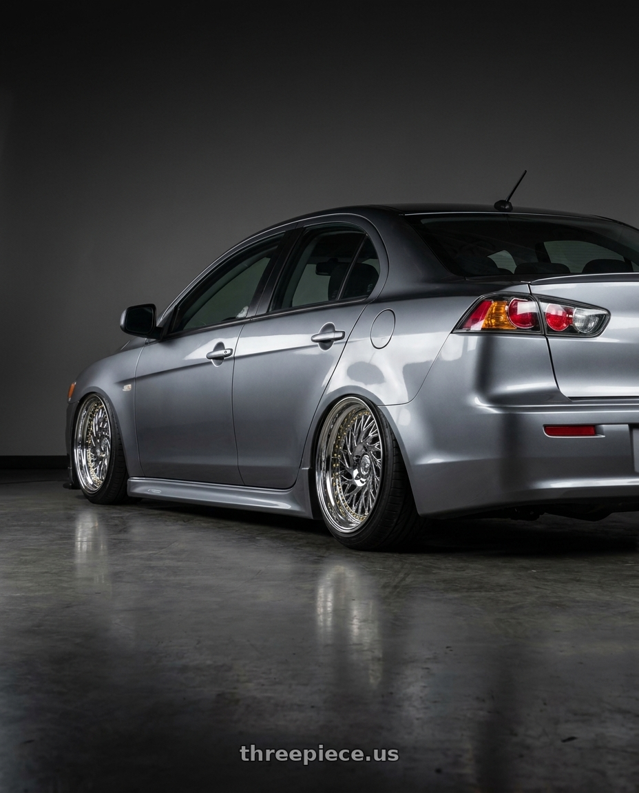 2014 Mitsubishi Lancer Ralliart with Aodhan DS03 5x114.3 18x9.5 +30 Vacuum Chrome w/Gold Rivets wheels rear three quarter view slight stretch tires