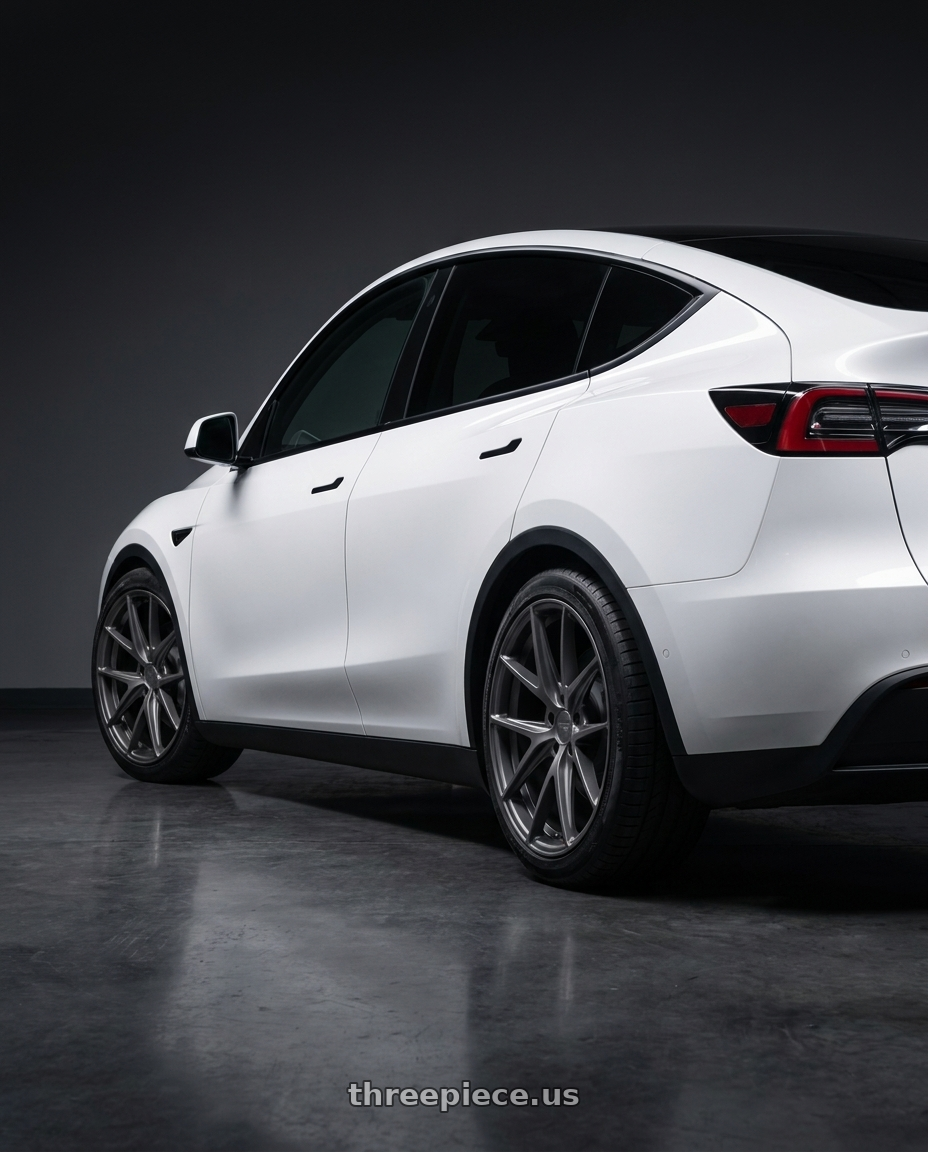 2024 Tesla Model Y with Niche 1PC M116 MISANO 5X114.3 20X10 +40 MATTE GUN METAL wheels rear three quarter view square tires