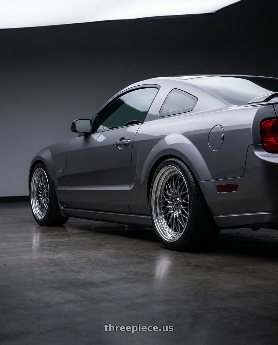 2005 mustang gt with Work Vs-Xv 5x114.3 18x10.5-17 L Disk Brilliant Silver Black wheels rear three quarter view square tires