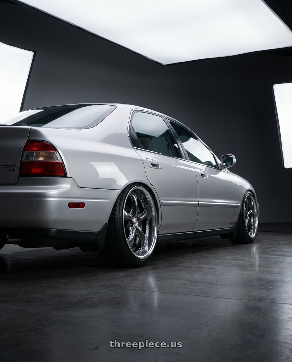 1997 honda accord SE CD5 with Work Wheels VS-KF 5X114.3 19x7.5+21 Brilliant Silver Black A Disk FULL REVERSE wheels rear three quarter view extreme stretch tires