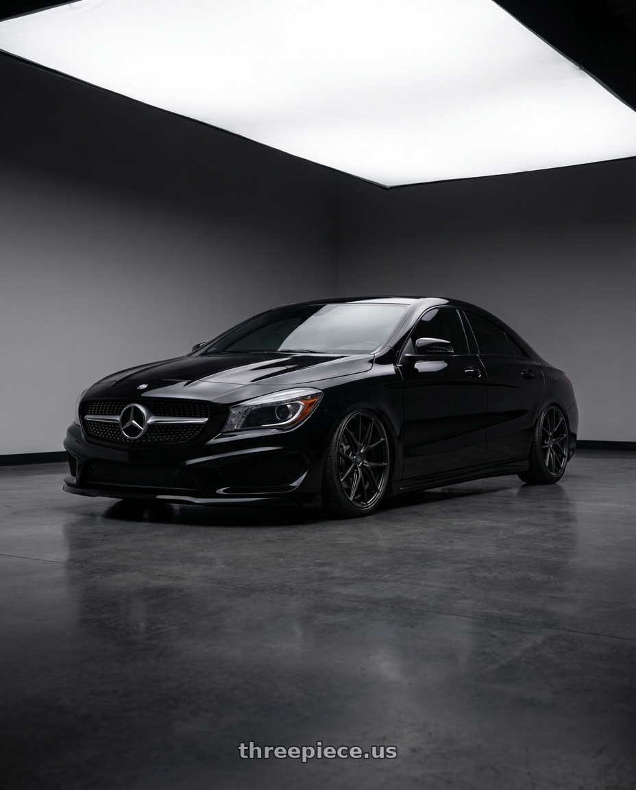 2018 Mercedes-Benz CLA C117 with Niche 1PC M117 MISANO 5X112 19X8.5 +34 MATTE BLACK wheels front three quarter view stanced stance