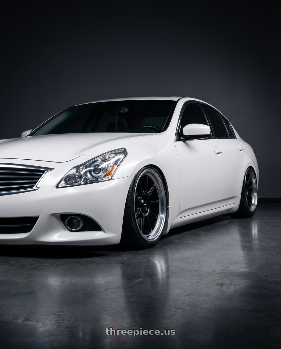 2014 Infiniti G37 Coupe with Konig Countergram 5x114.3 19x11+18 Matte Black / Matte Machined Lip wheels front three quarter view stanced stance