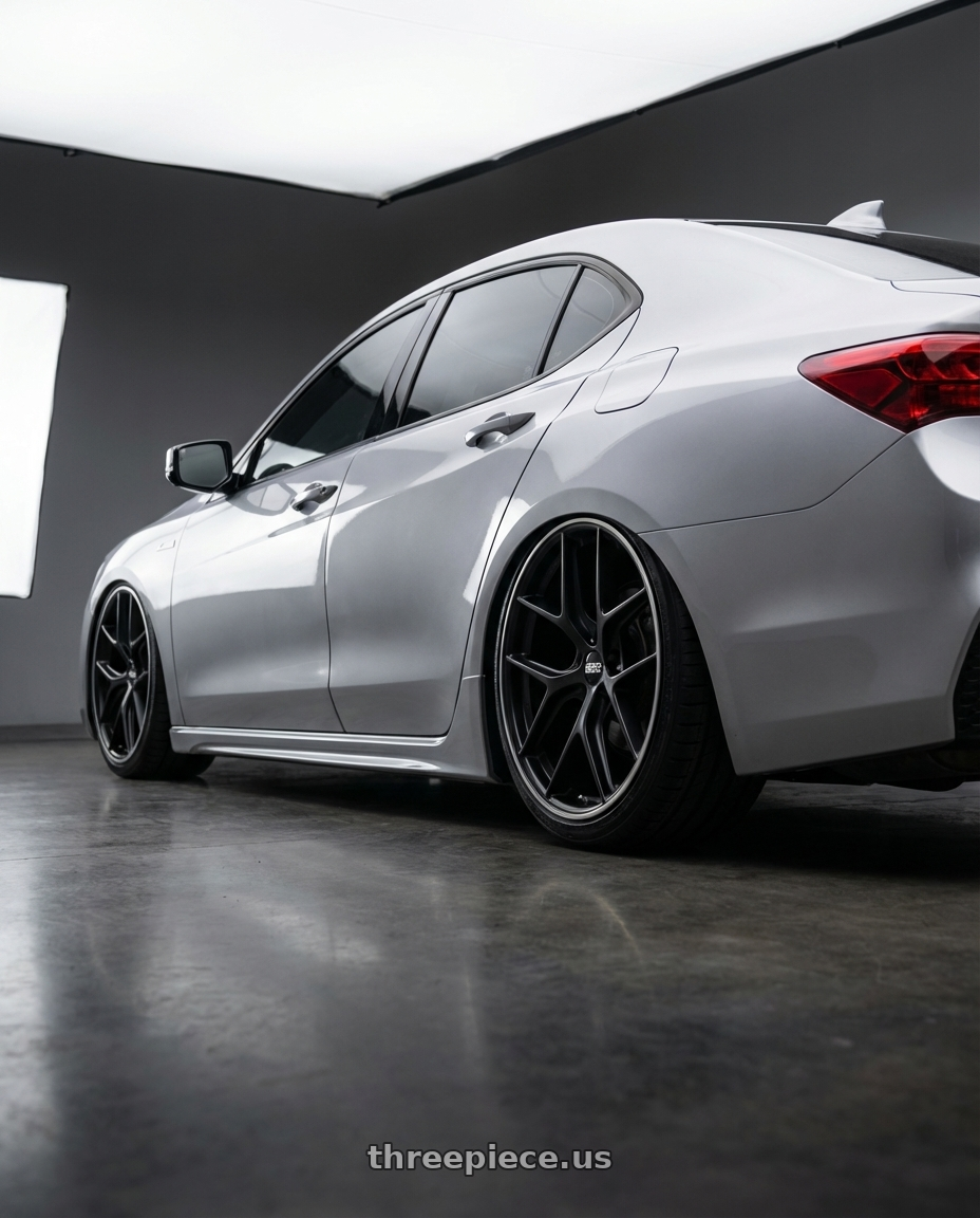 2019 Acura TLX with BBS CC-R 5x114.3 20x8.5+40 Satin Black wheels rear three quarter view slight stretch tires